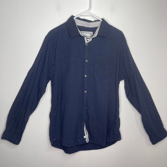 PD&C men's large button down casual shirt navy blue white cotton slim fit - Picture 11 of 16